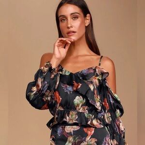 Lulu's Black Floral Cold-Shoulder Ruffle Top with Multicolor Blooms